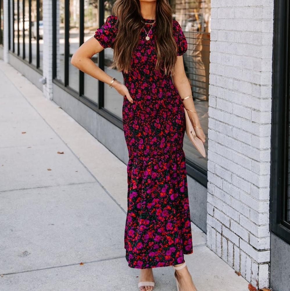 Floral Puff-Sleeve Maxi Dress in Magenta and Black